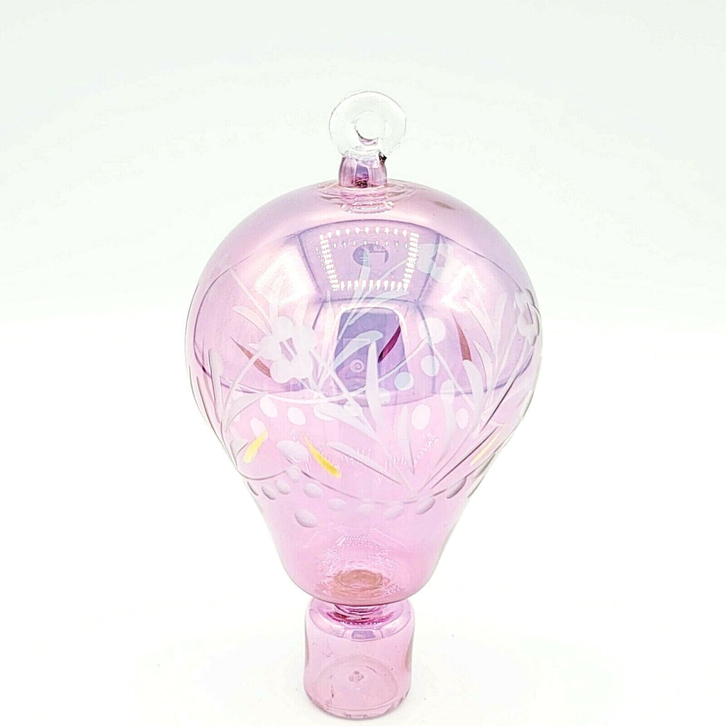 Hot Air Balloon Christmas Ornament Blown Glass 5 1/2" Pink Iridescent Gold