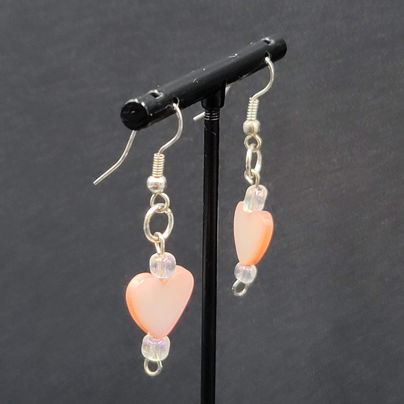 Pierced Earrings Silver tone Pink Mother of Pearl Heart 1"