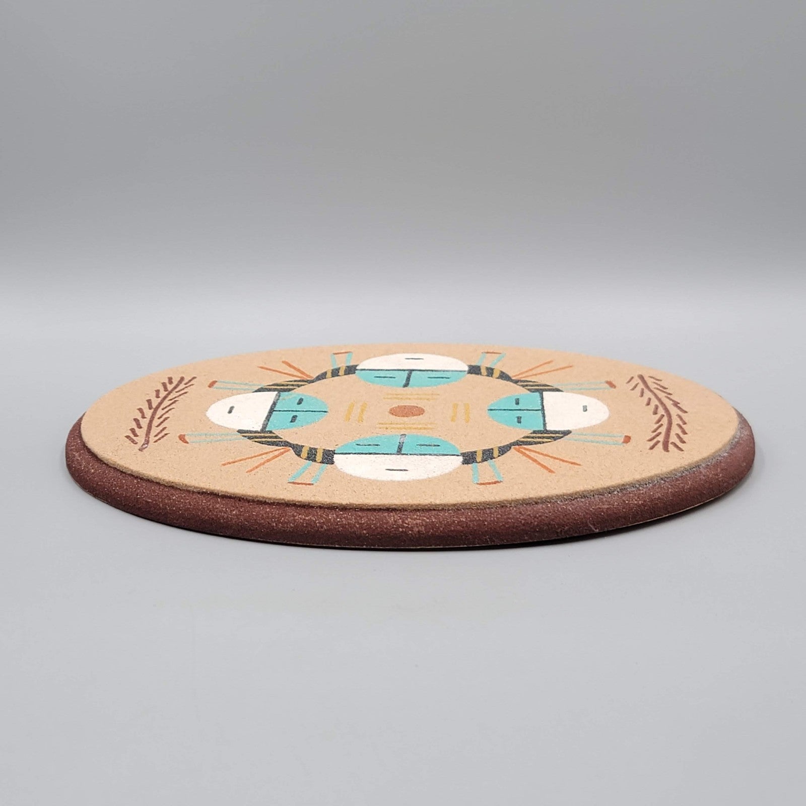 Vintage Navajo Sand Art Painting Wooden Base Signed Oval Houses of the Sun