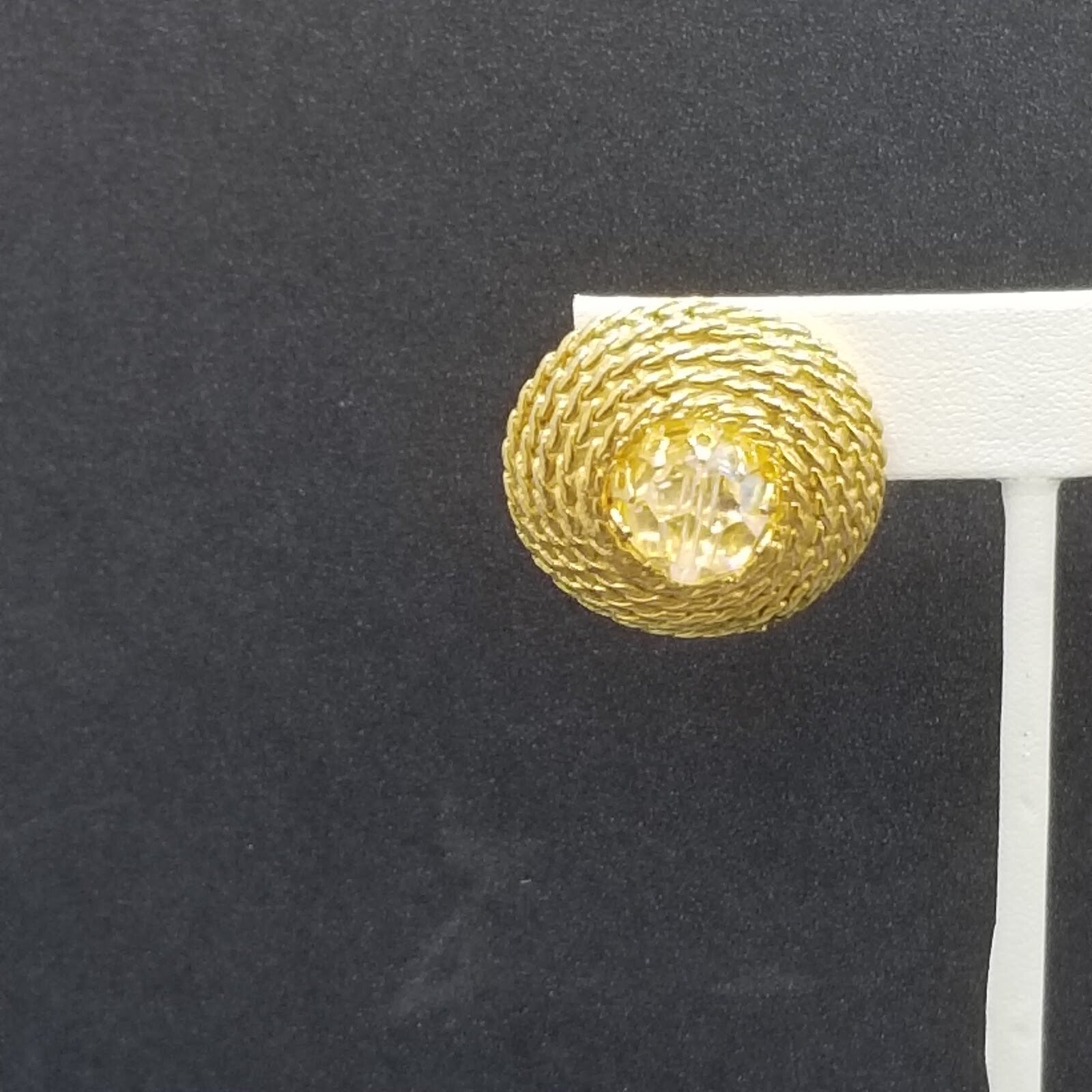 Vintage Clip On Earrings Gold tone Rhinestone Rope Stud 1 1/8"