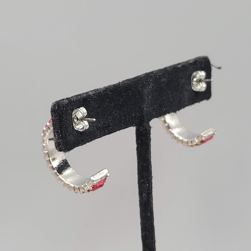 Pink Crystal Baguette Hoops Pierced Earrings Silver tone 7/8 in
