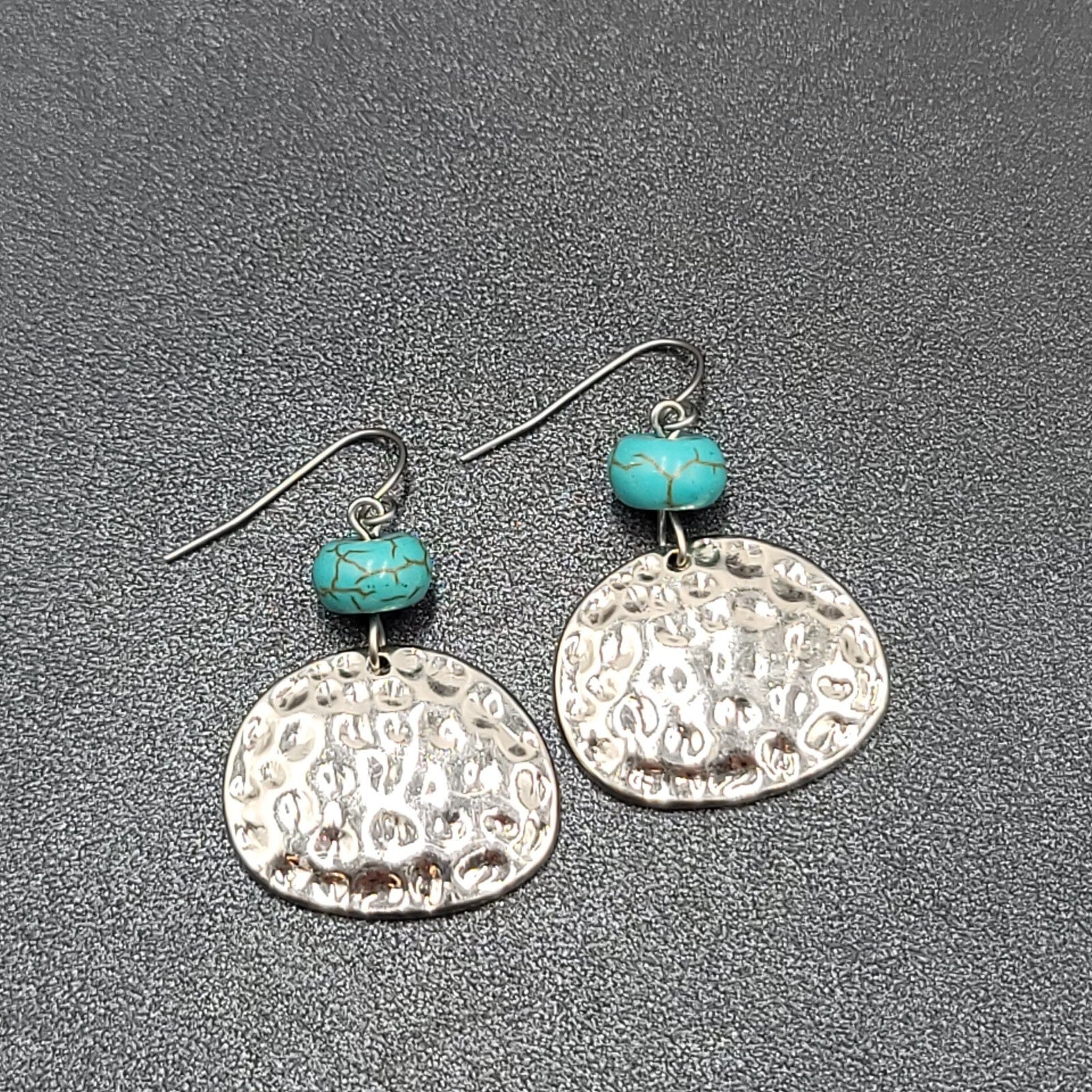 Pierced Earrings Hammered Silver tone Blue Howlite Stone Dangle  1.25"