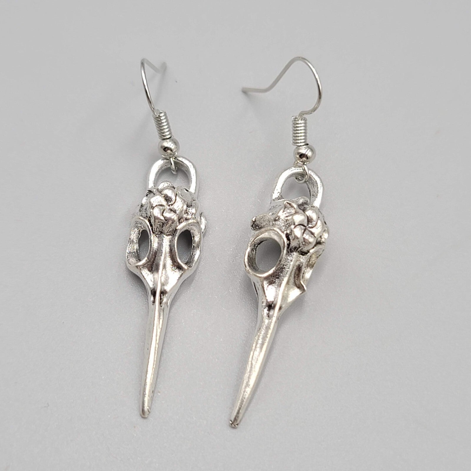 Bird Skull Pierced Earrings Silver tone Dangle New 1.5"