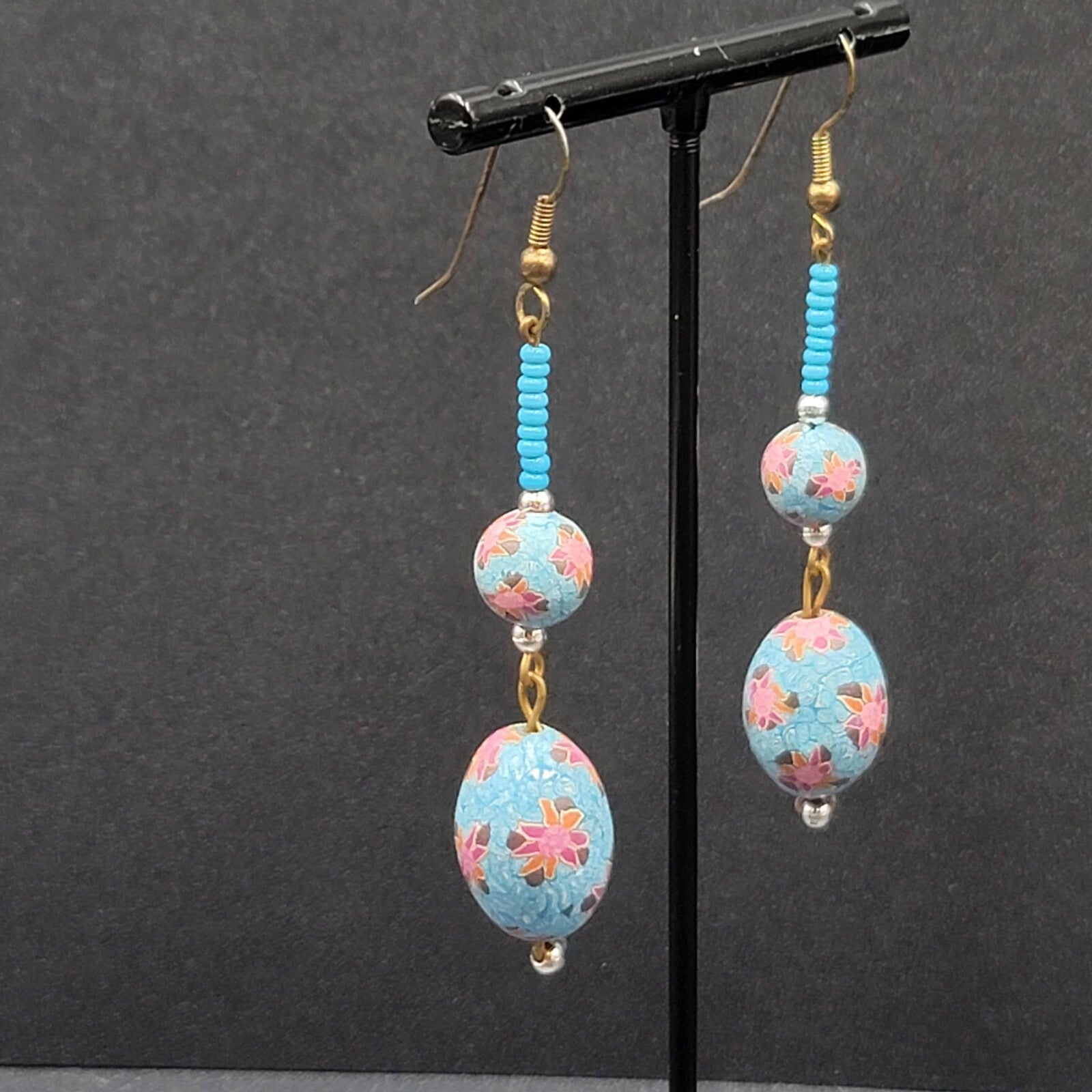 Vintage Pierced Earrings Gold tone Blue Flower Bead Long Dangle 2.25"