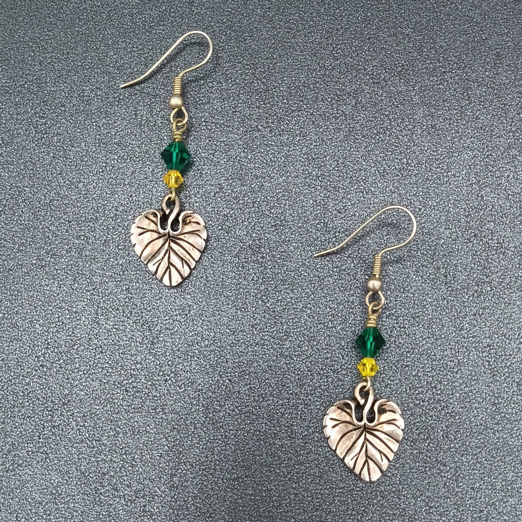 Pierced Earrings Silver tone Leaf Green Yellow Bead Dangle 1.25"
