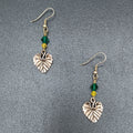 Pierced Earrings Silver tone Leaf Green Yellow Bead Dangle 1.25"