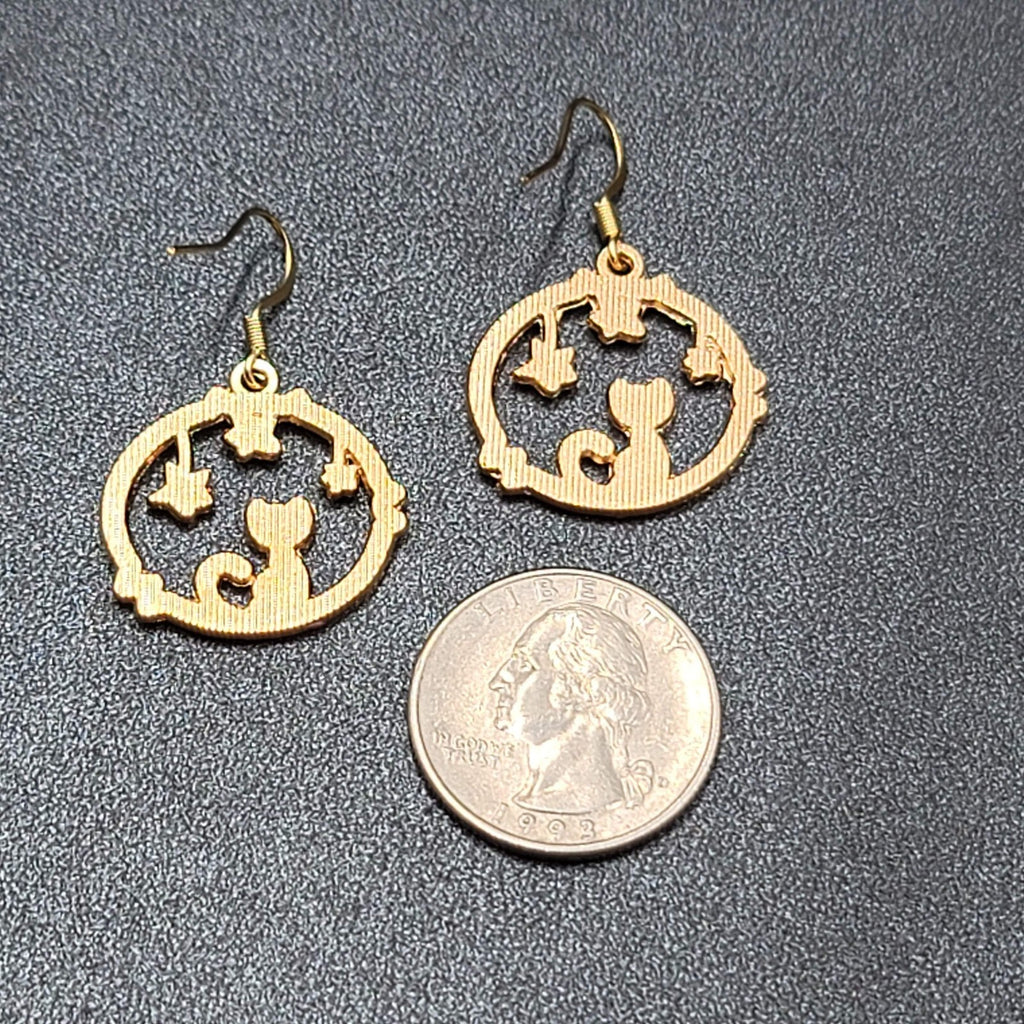 New Cat Pierced Earrings Gold tone Green Stars Purple Enamel Dangle 7/8"