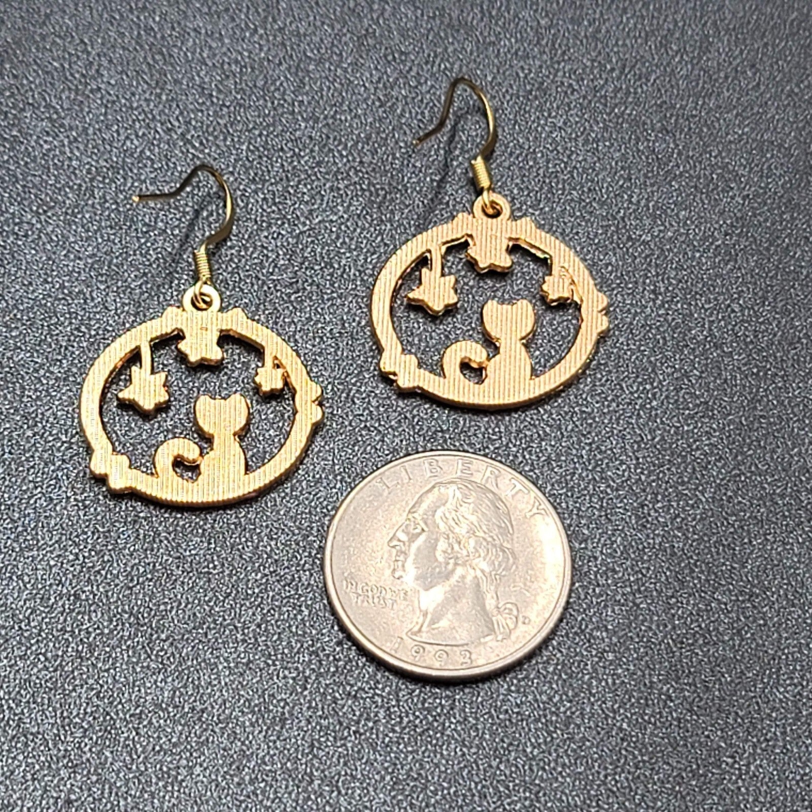 New Cat Pierced Earrings Gold tone Green Stars Purple Enamel Dangle 7/8"
