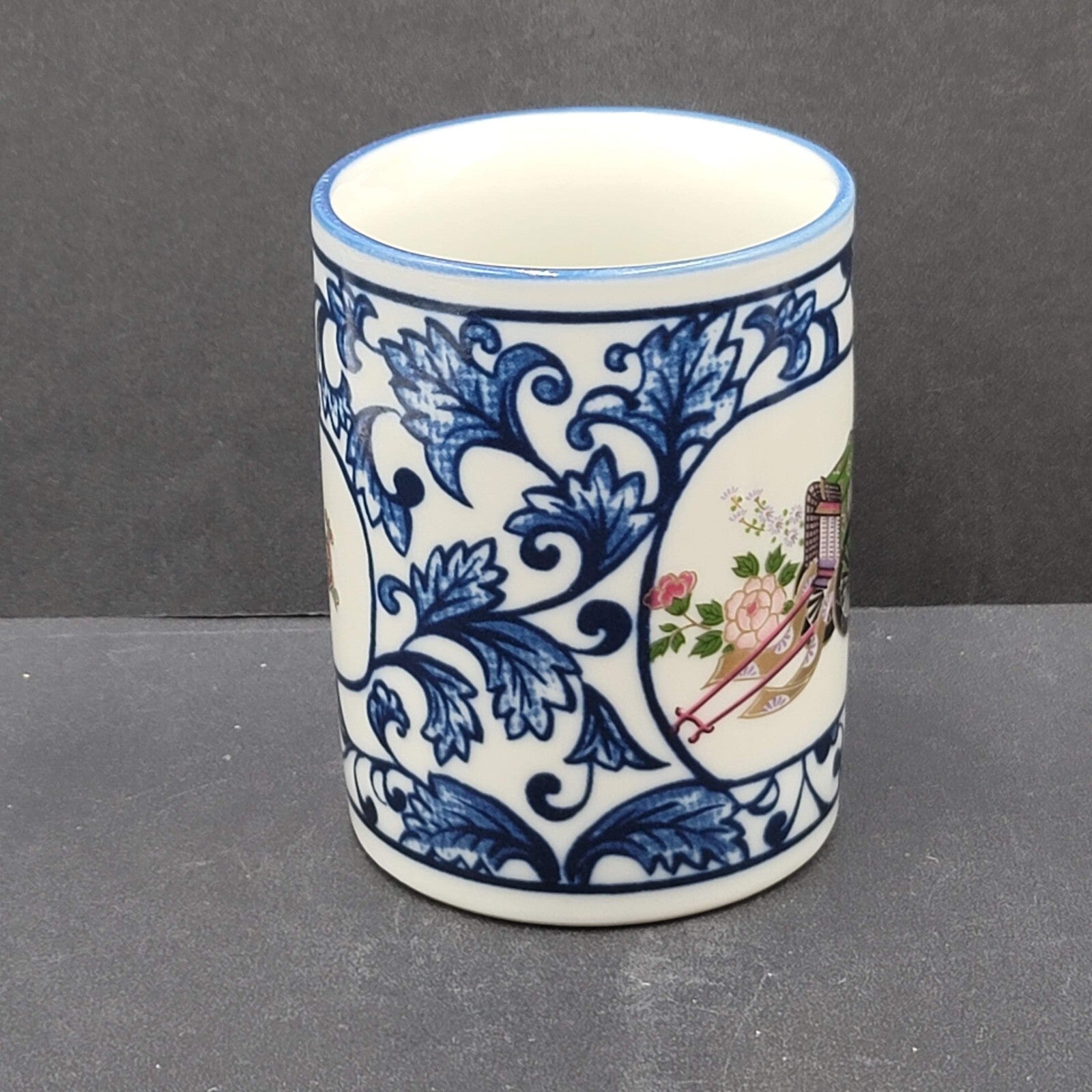 Vintage Imari Porcelain Coffee Mug Blue White Rickshaw Wagon Flowers Japan