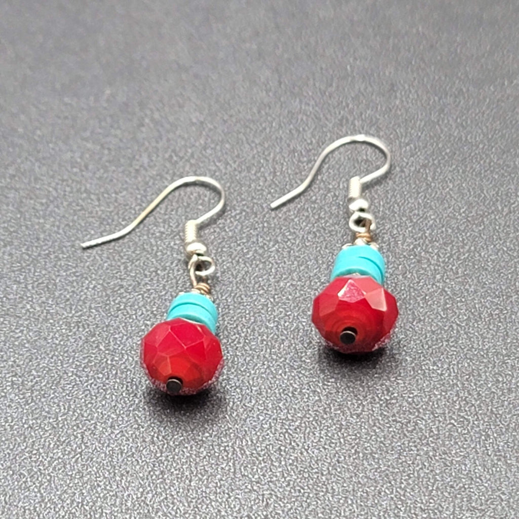 Pierced Earrings Silver tone Red Stone Turquoise Stone Beads Dangle  7/8"