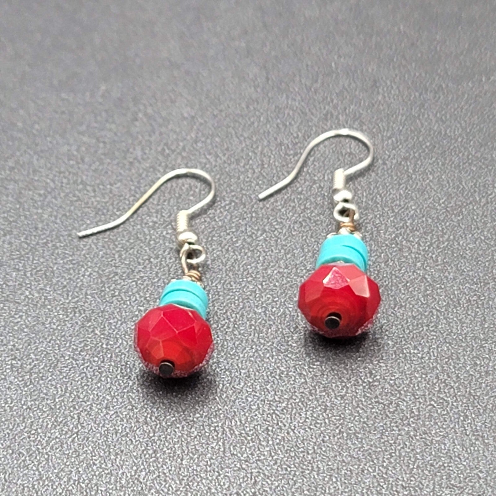 Pierced Earrings Silver tone Red Stone Turquoise Stone Beads Dangle  7/8"