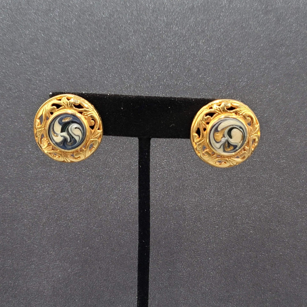 Vintage Pierced Earrings Gold Plated Blue Swirl Enamel Round Drop 1"