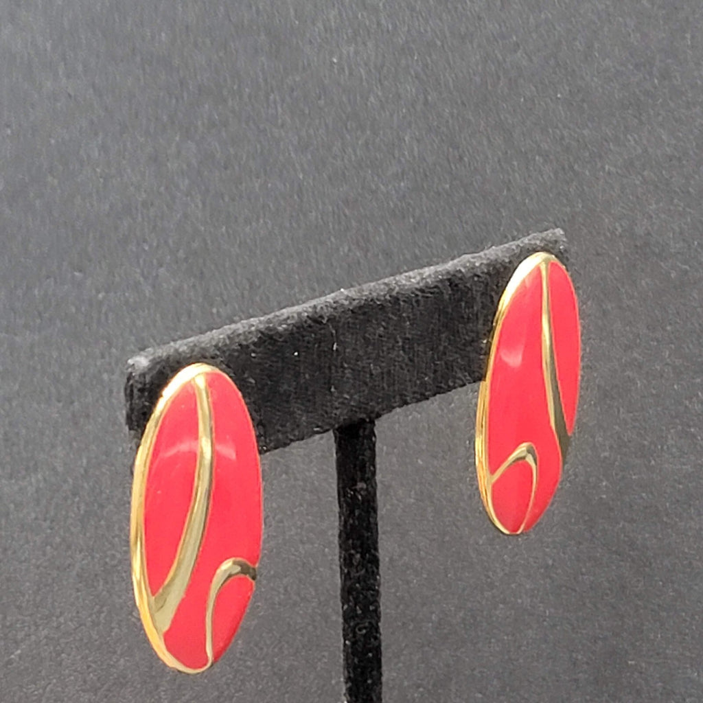 Vintage Pierced Earrings Gold tone Red Enamel Oval Drop 1.25"