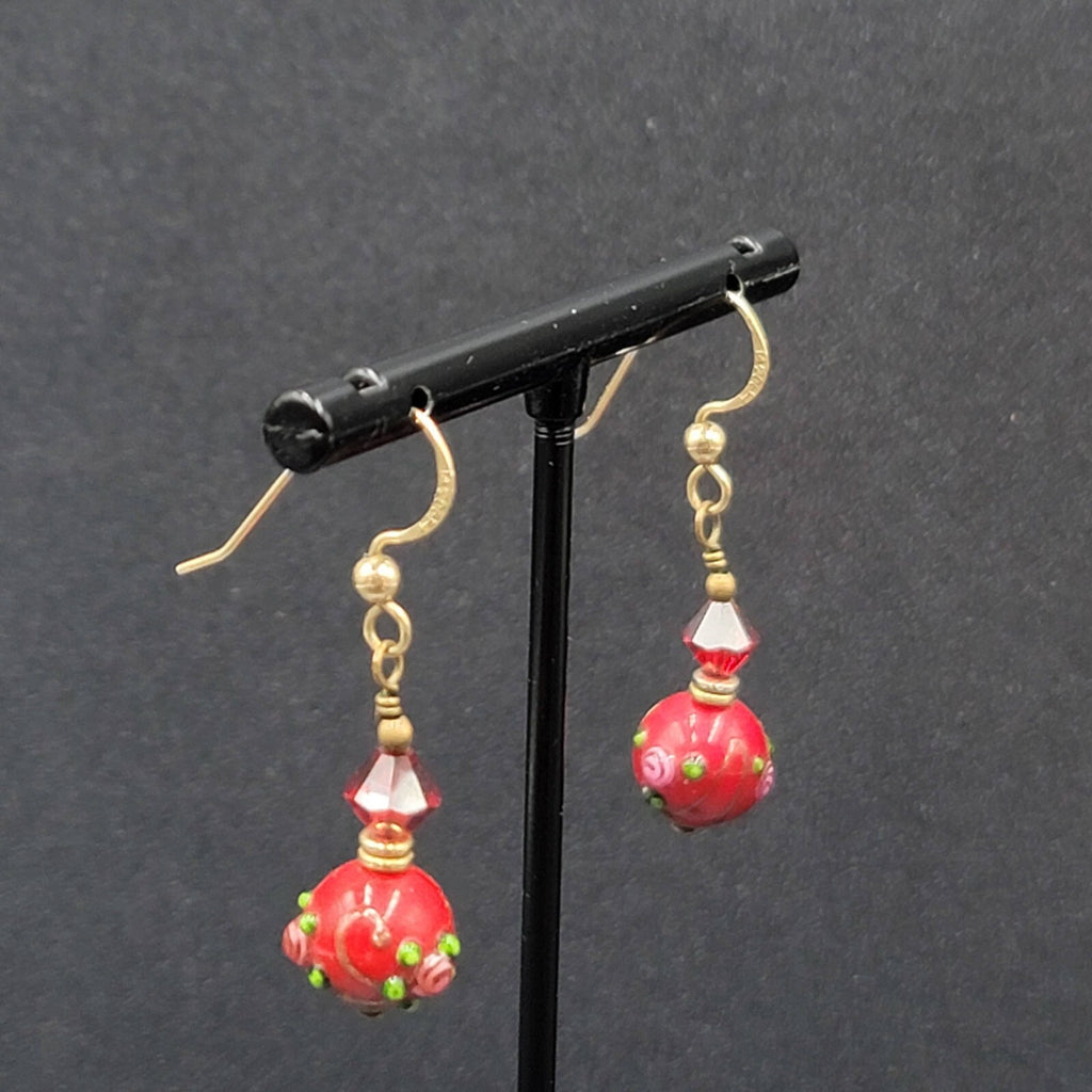 Gold Filled Pierced Earrings Red Glass Wedding Cake Bead Flowers 1"