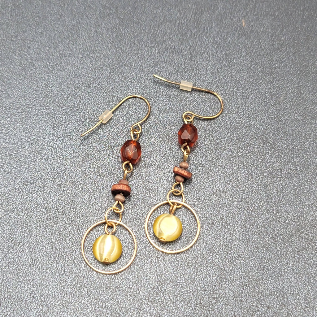 Pierced Earrings Gold tone Beaded Wood Dangle 1.75"