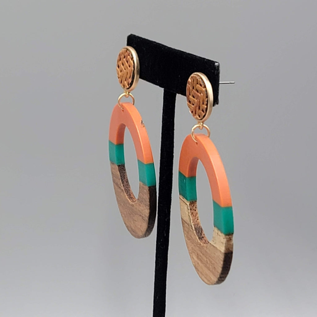 Large Wood Boho Resin Hoops Pierced Earrings Orange Teal 2.75 in