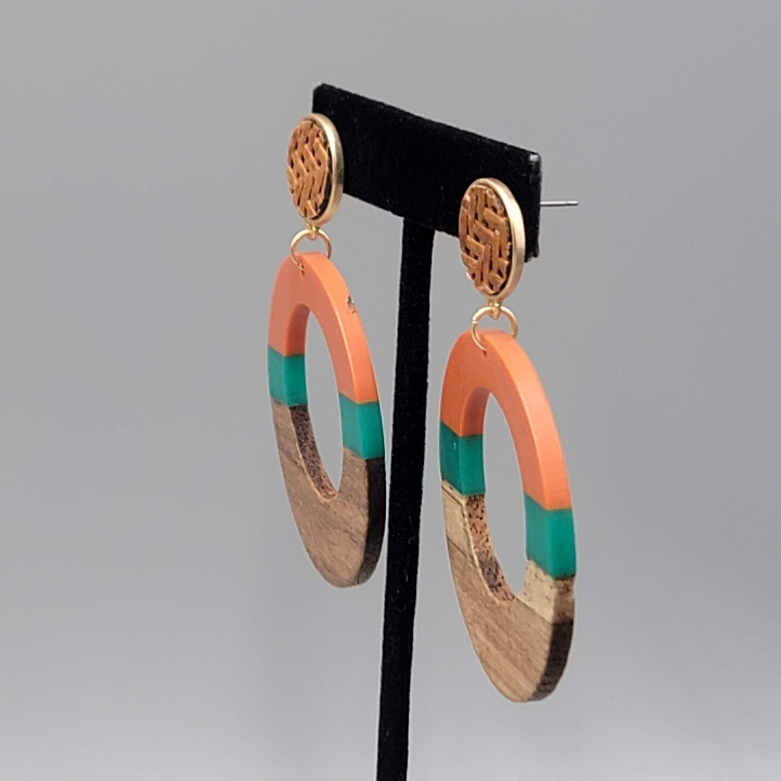 Large Wood Boho Resin Hoops Pierced Earrings Orange Teal 2.75 in