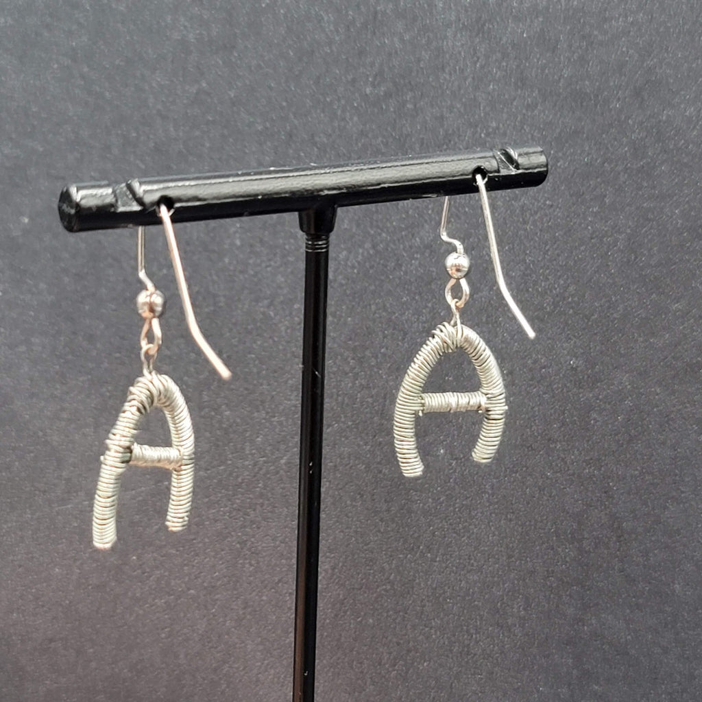 Pierced Earrings Silver tone Wire Wrapped Initial A Dangle 3/4"