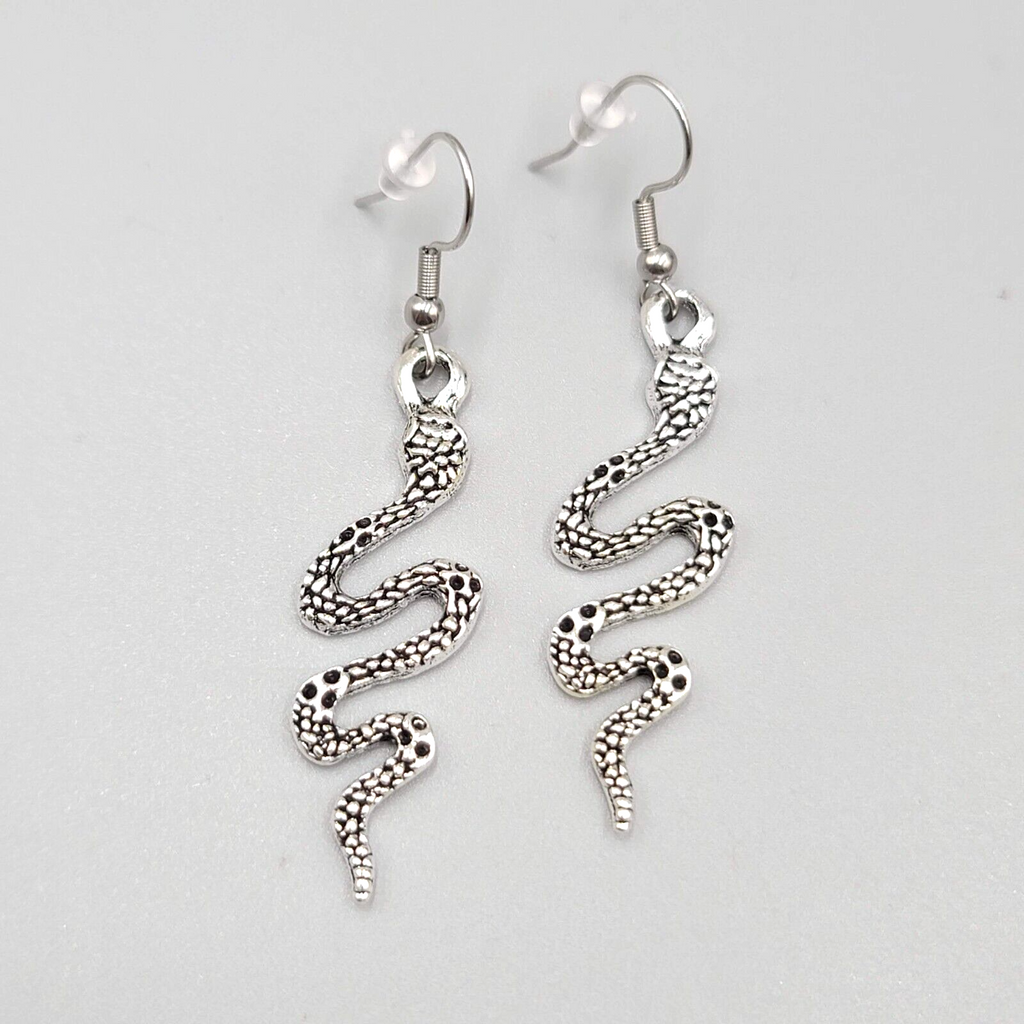 Snake Pierced Earrings Silver tone Embossed Dangle 1.5"