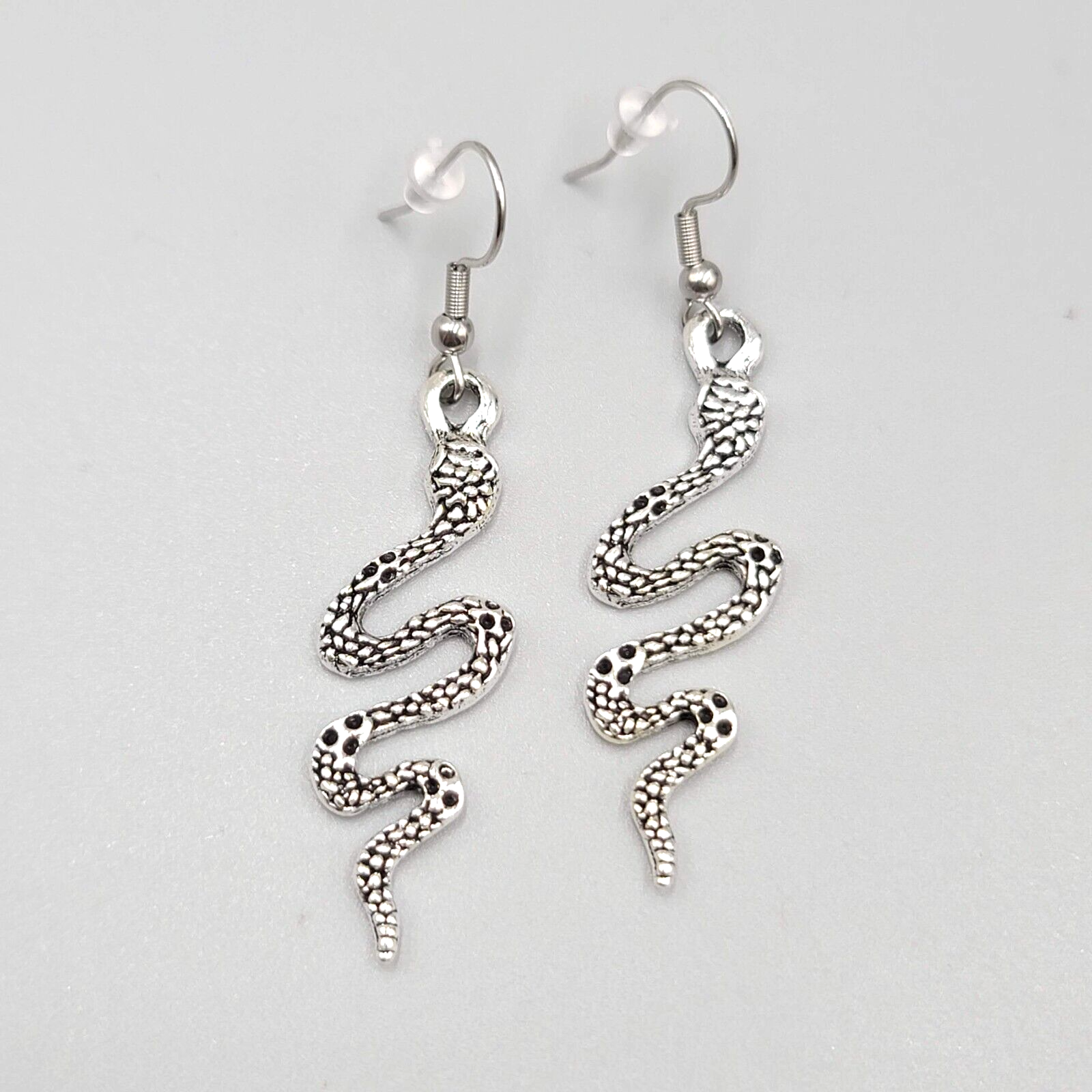Snake Pierced Earrings Silver tone Embossed Dangle 1.5"