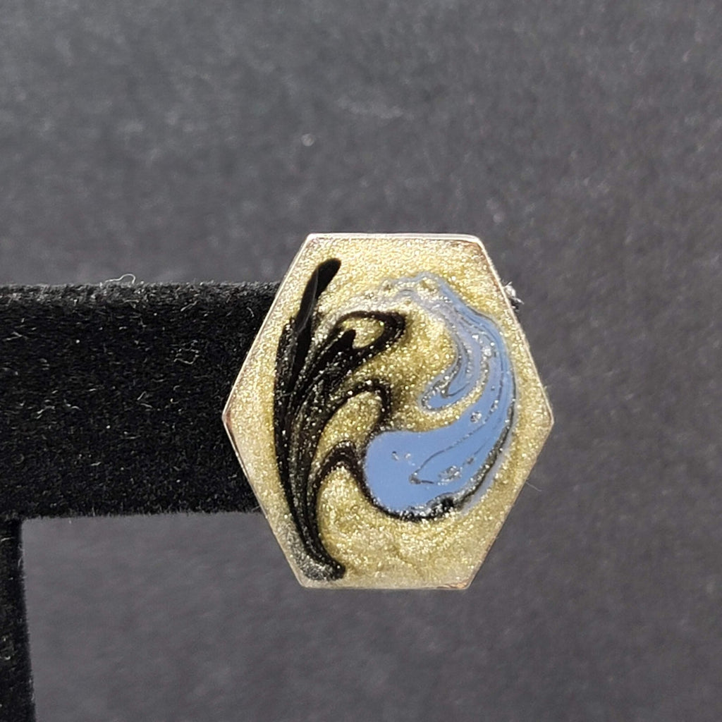 Vintage Pierced Earrings Blue Black Enamel Silver tone Drop 7/8"