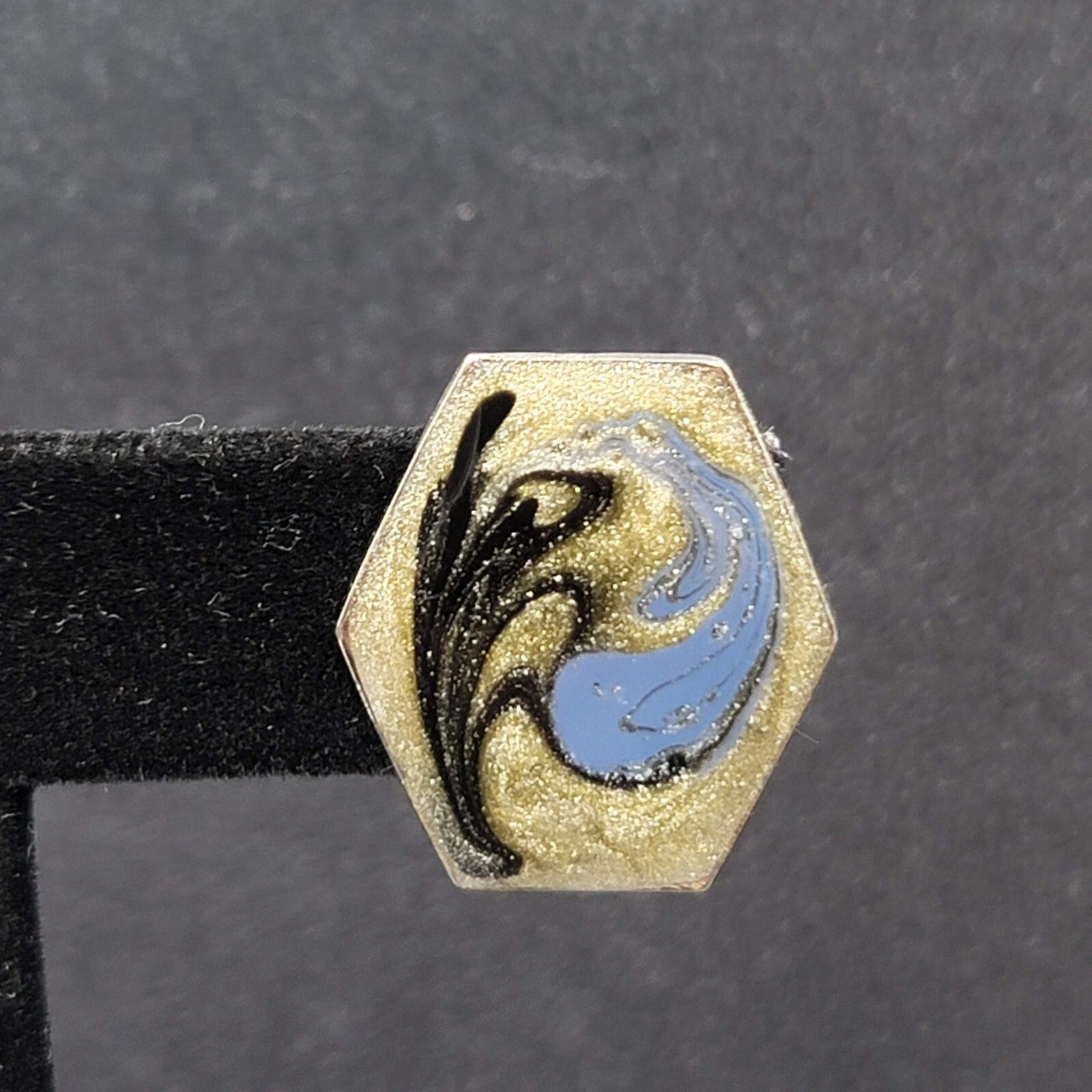 Vintage Pierced Earrings Blue Black Enamel Silver tone Drop 7/8"