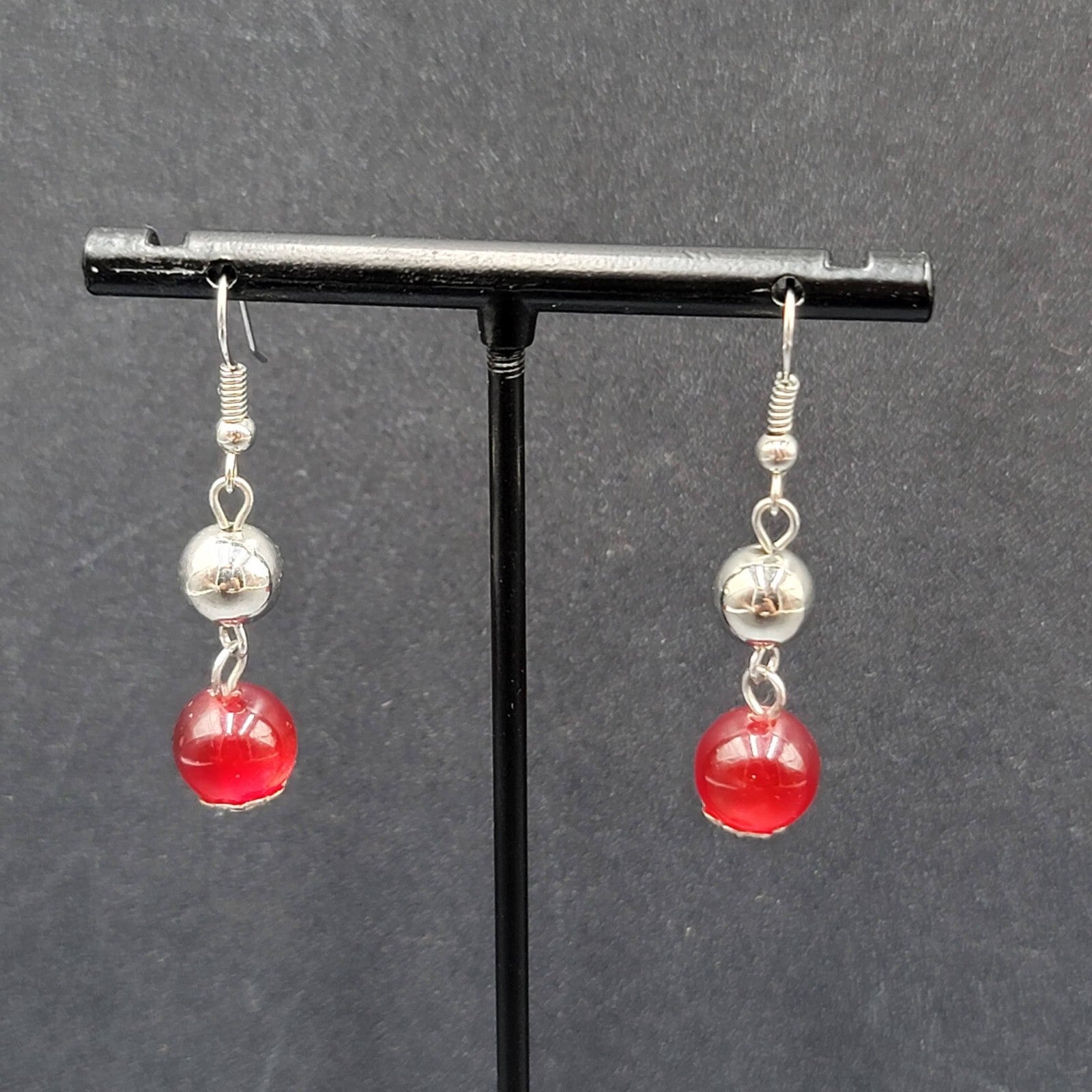 Pierced Earrings Silver tone Bead Red Moonglow Bead Dangle 1"