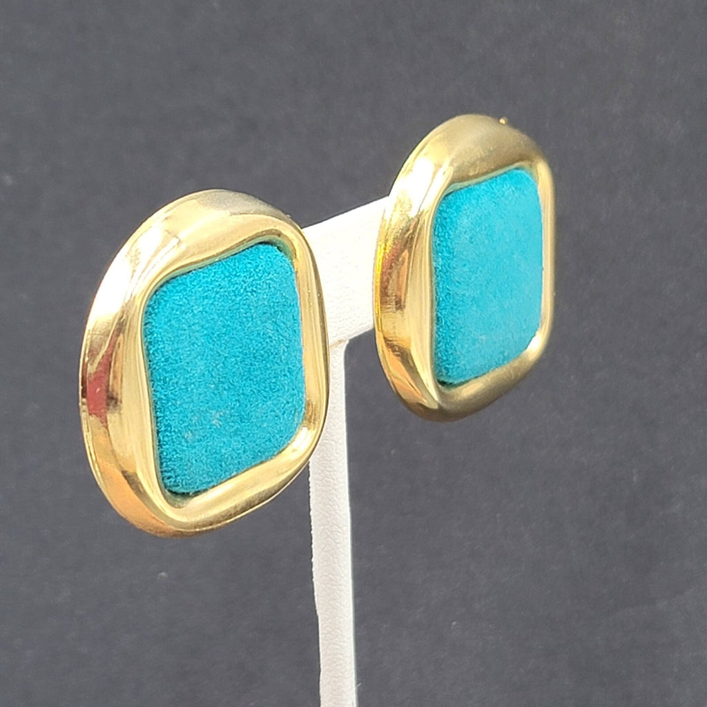 Clip on Earrings Gold tone Square Blue Felt Drop 1.25"