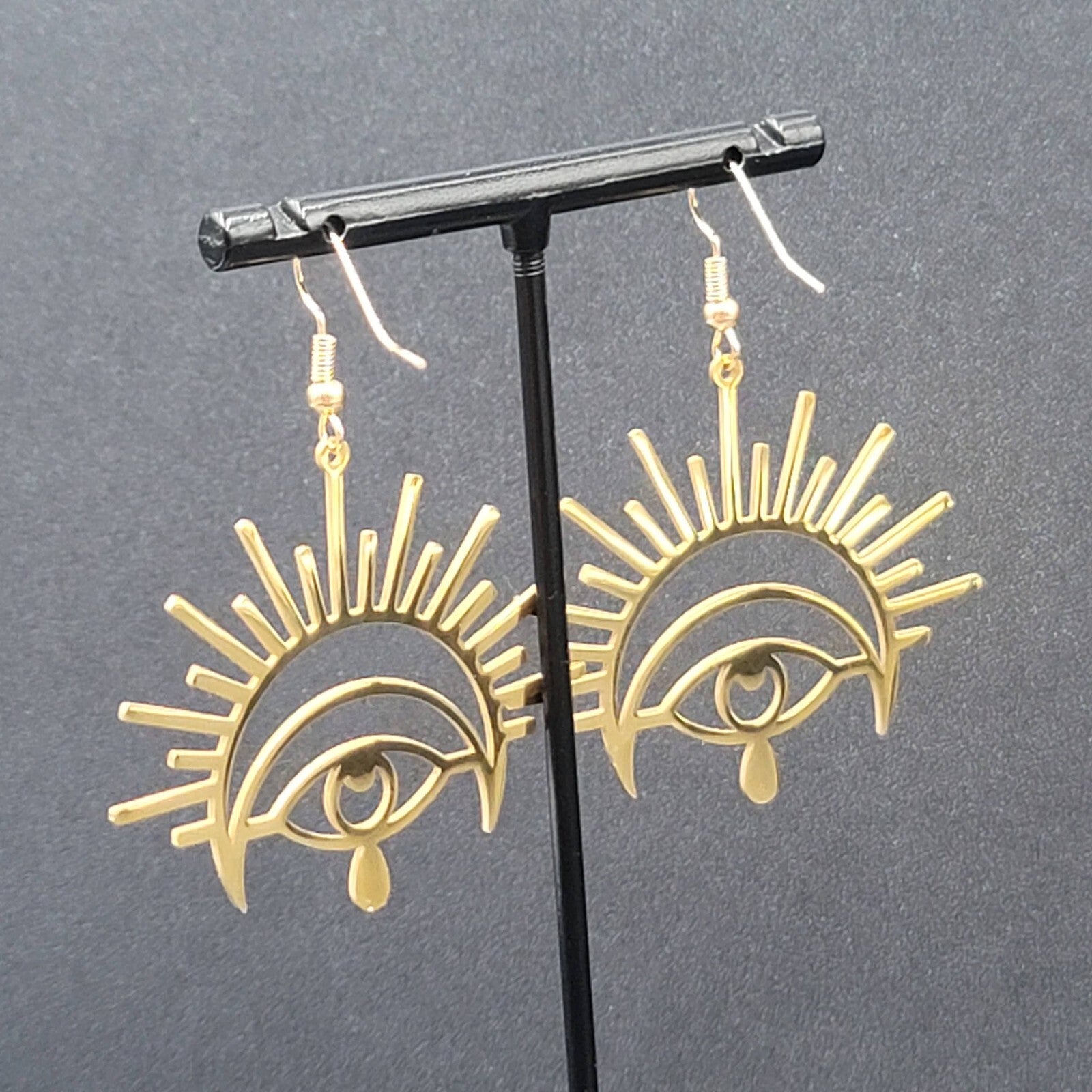 New Evil Eye Pierced Earrings Teardrop Gold Plated Statement Dangle 1 5/8"