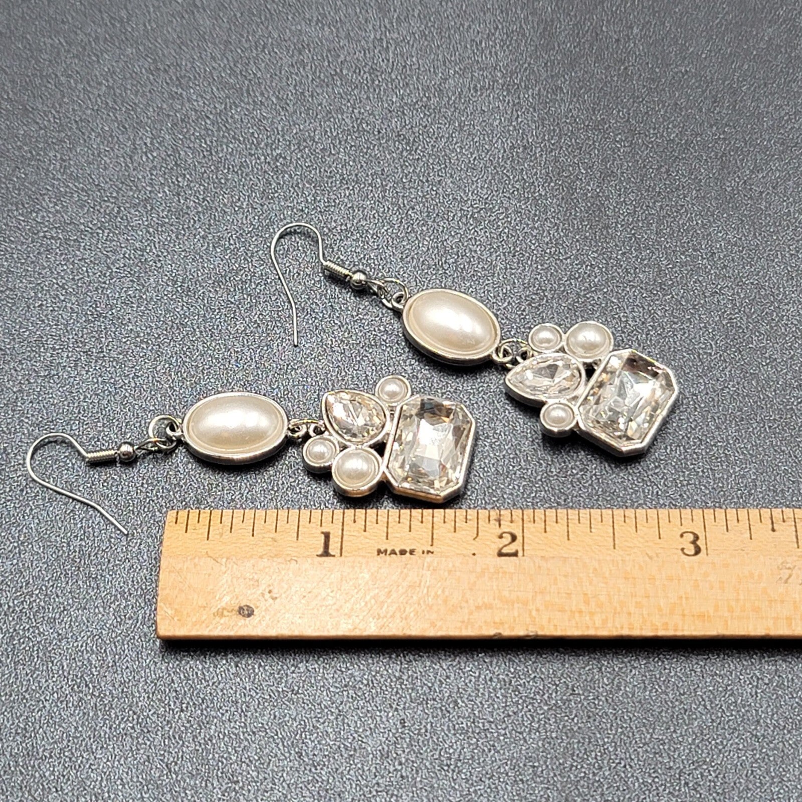 Pierced Earrings Silver Plated Faux Pearl Glass Accents Dangle 1.75"
