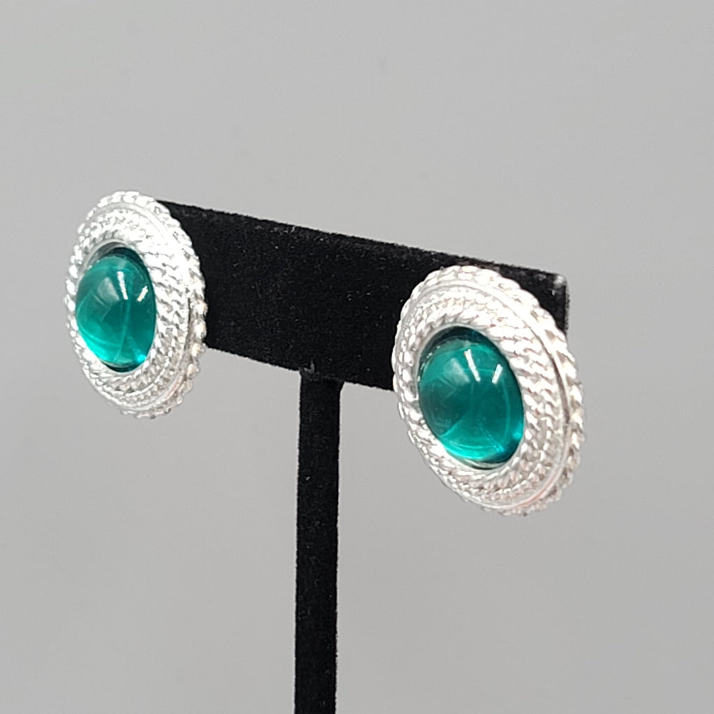 Vintage Pierced Earrings Silver tone Green Moon glow Cabochon 7/8"