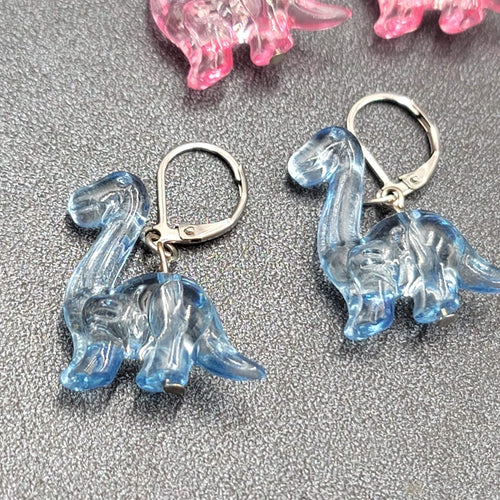 Dinosaur Pierced Earrings Pink Blue Acrylic Dangle 1" Lot of 2 