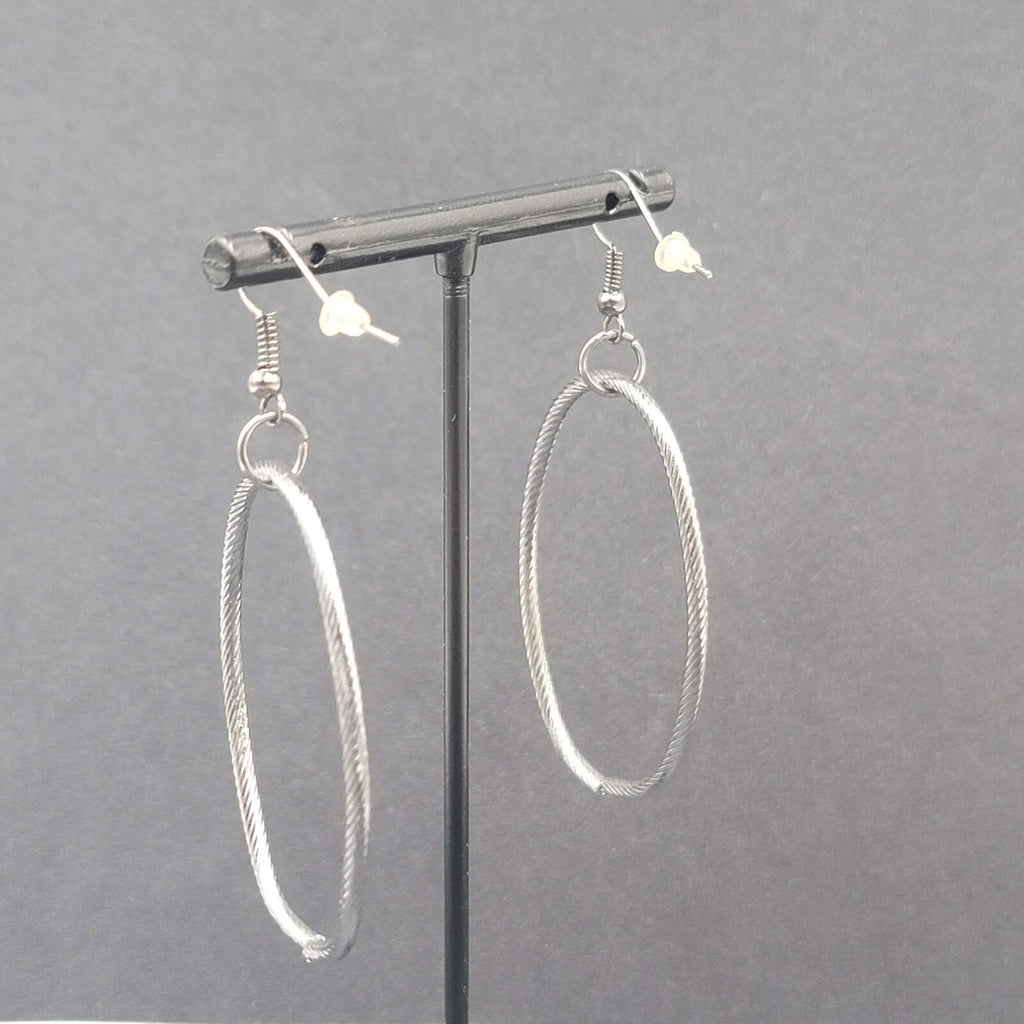 Pierced Earrings Black Metal Textured Oval Long Hoops Dangle 2"