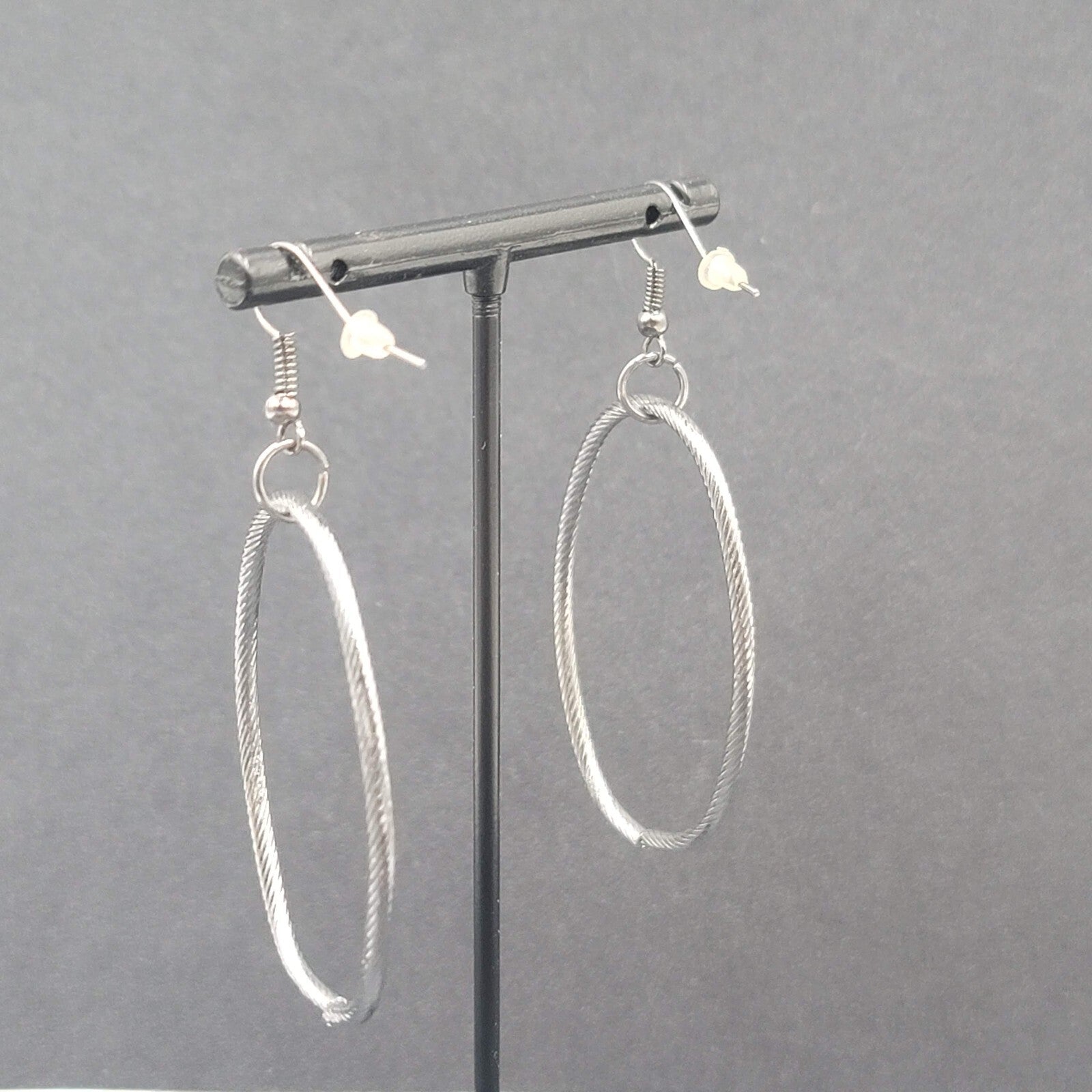 Pierced Earrings Black Metal Textured Oval Long Hoops Dangle 2"