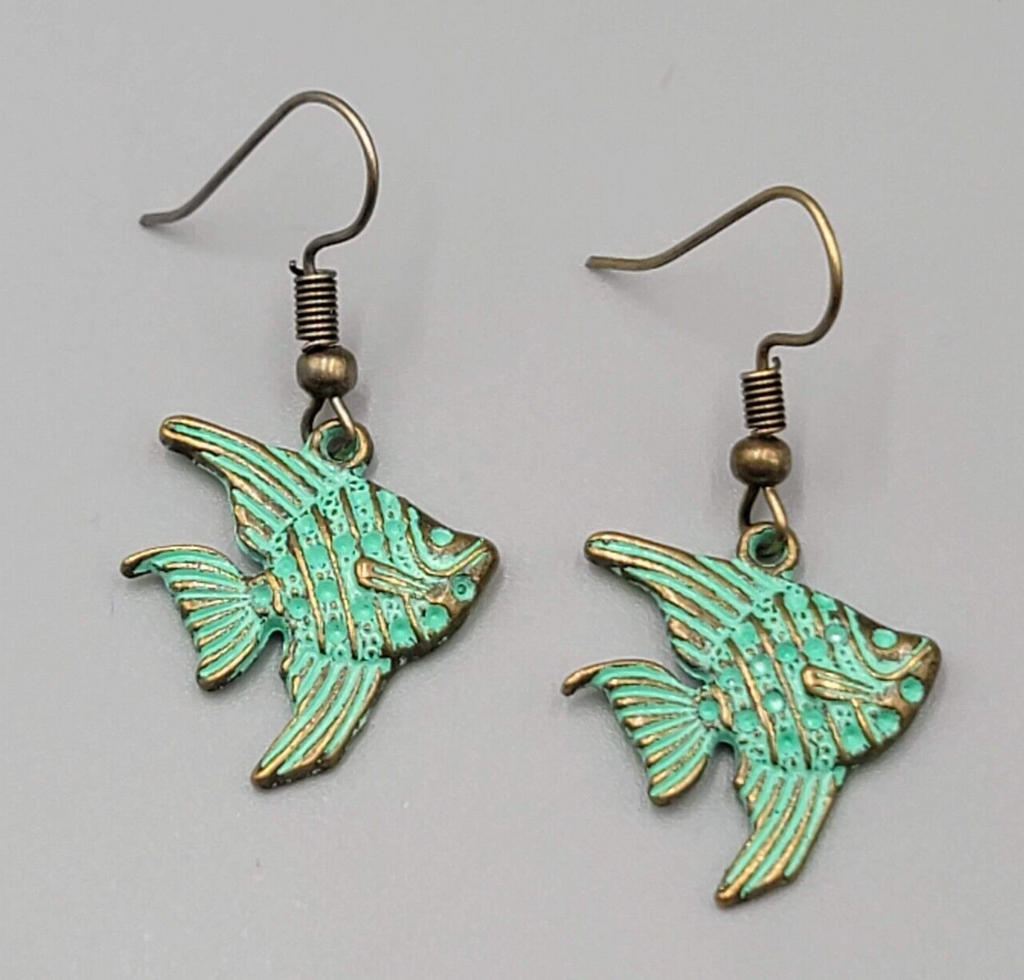 Angelfish Beach Sea life Pierced Earrings Bronze tone Green wash Dangle 3/4"