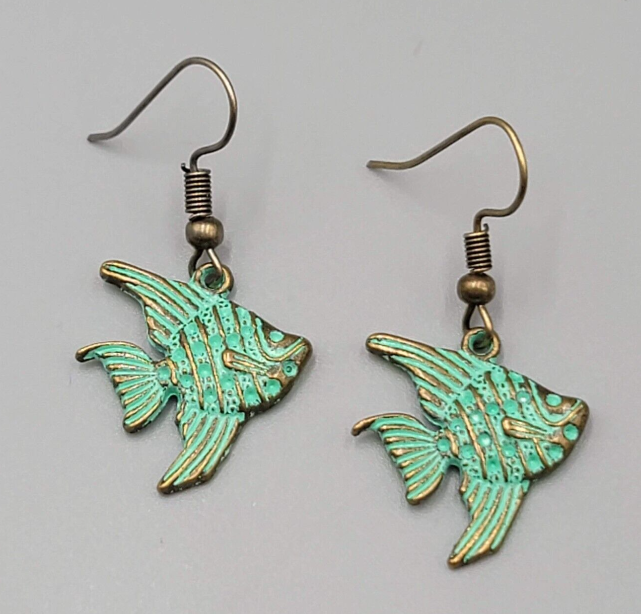 Angelfish Beach Sea life Pierced Earrings Bronze tone Green wash Dangle 3/4"