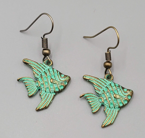 Angelfish Beach Sea life Pierced Earrings Bronze tone Green wash Dangle 3/4"