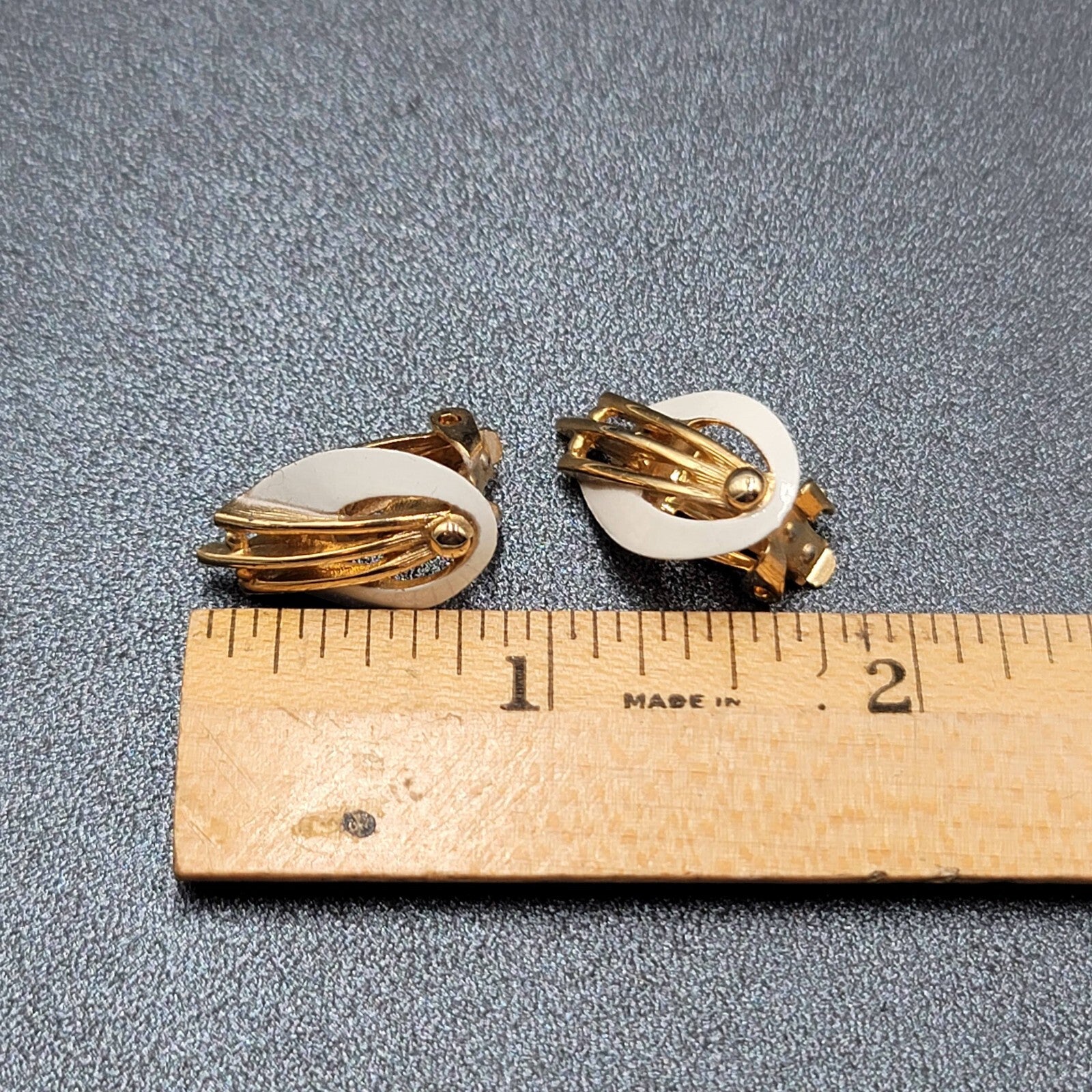 Vintage Clip on Earrings Gold tone White Enamel Studs 7/8"