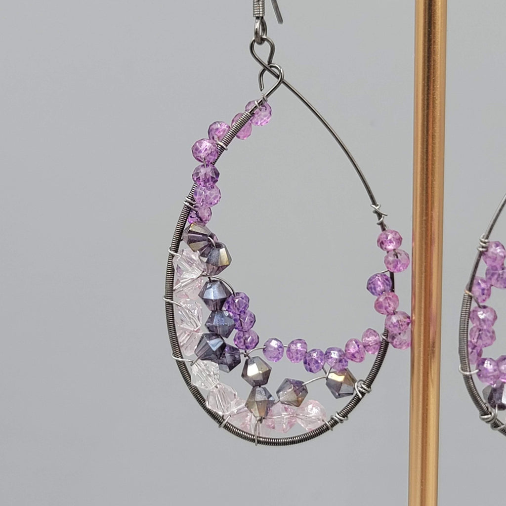 Purple Pink Gray Crystal Wrapped Teardrop Hoops Pierced Earrings 2 in