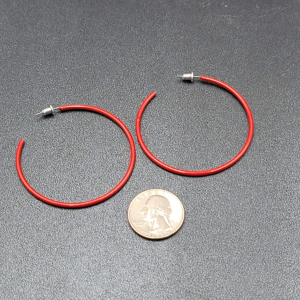 Pierced Earrings Red Enamel over Metal Large Skinny Hoops 2"