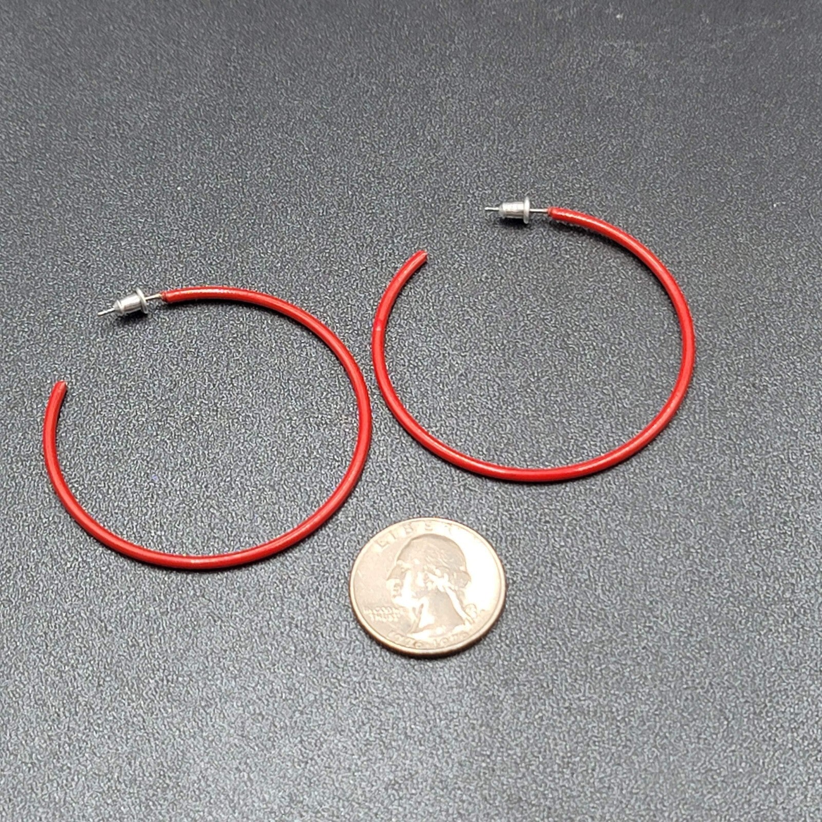 Pierced Earrings Red Enamel over Metal Large Skinny Hoops 2"