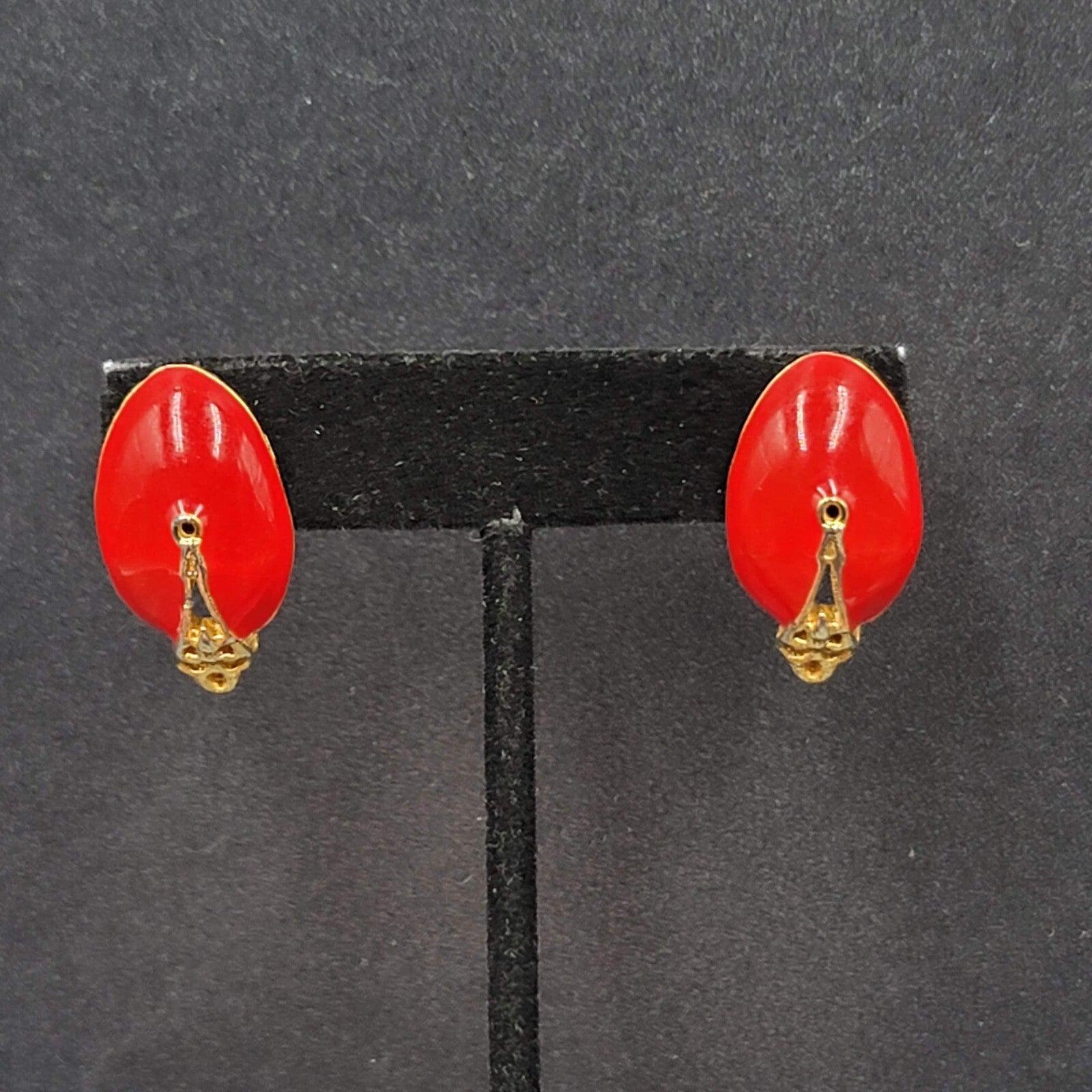 Vintage Pierced Earrings Gold tone Red Enamel Drop 1"