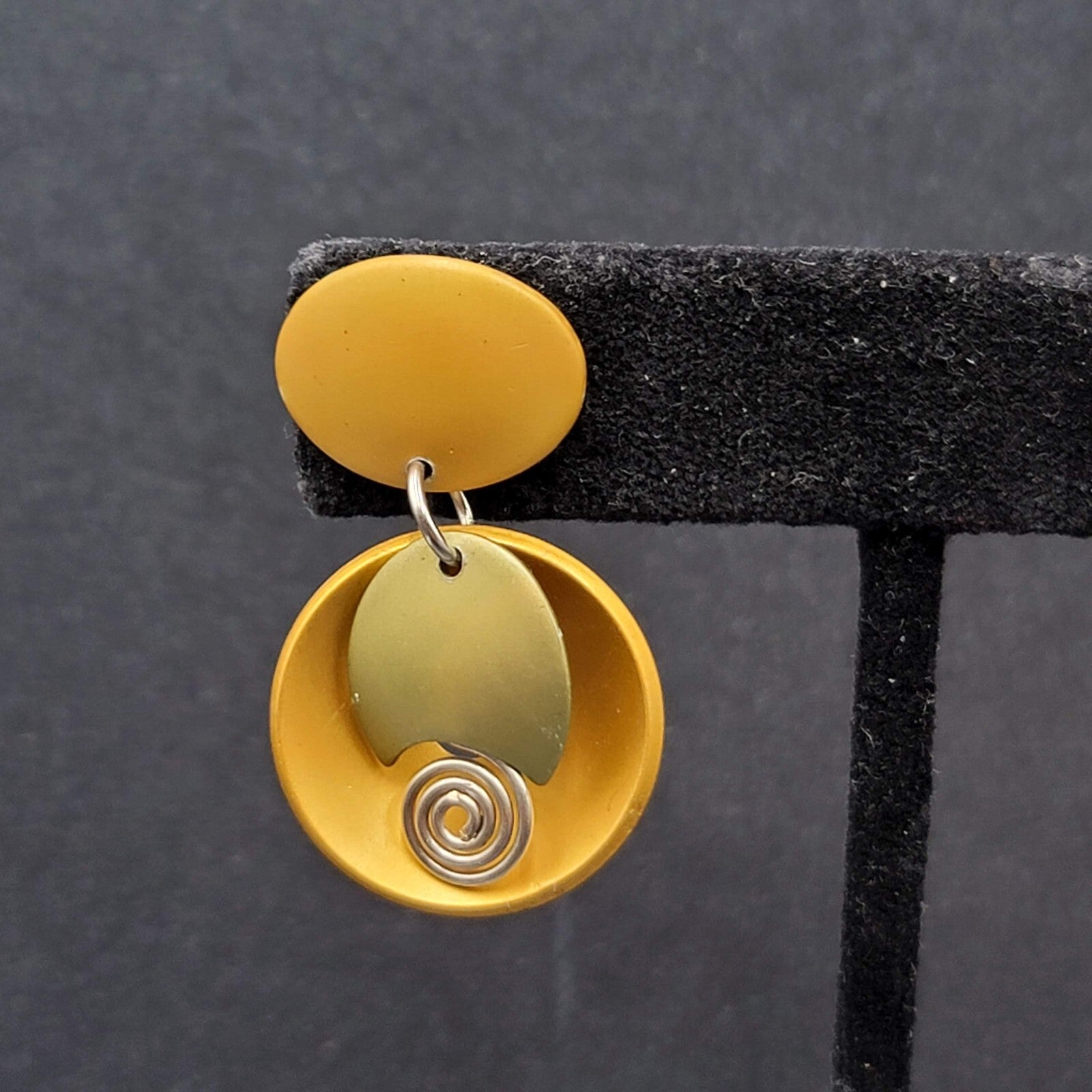 Pierced Earrings Brushed Gold tone Gold Silver Accent Modernist Dangle  1 3/8"