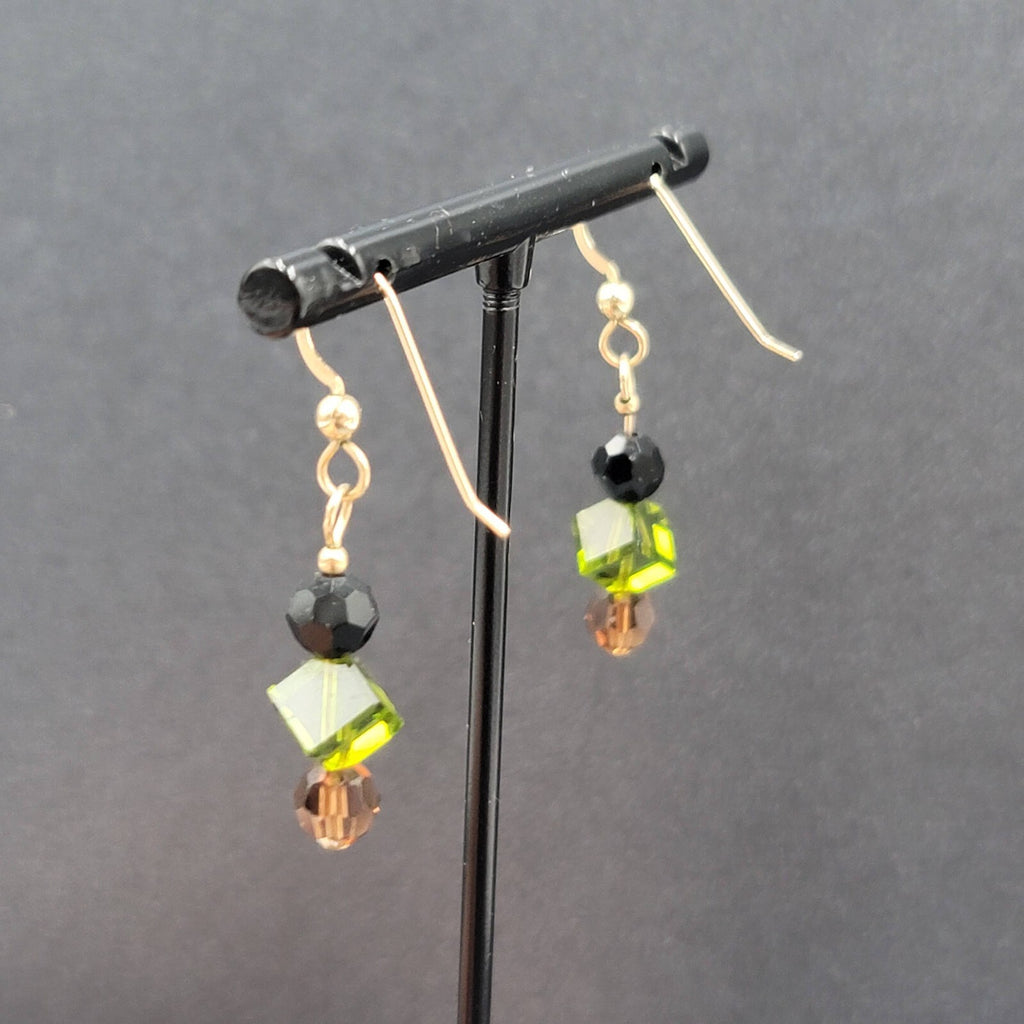 Pierced Earrings Gold tone Black Green Brown Crystal Bead Dangle 1"