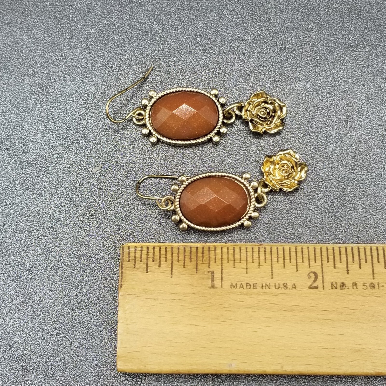 Pierced Earrings Gold tone Brown Sparkle Acrylic Flower Dangle 1 3/4"