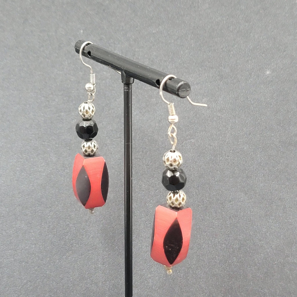 Vintage Pierced Earrings Silver tone Red Black Bead Dangle 1.75"