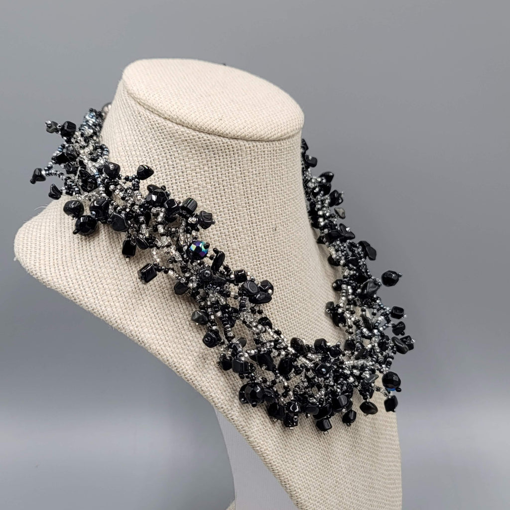 Black Cluster Bead Statement Necklace 18"