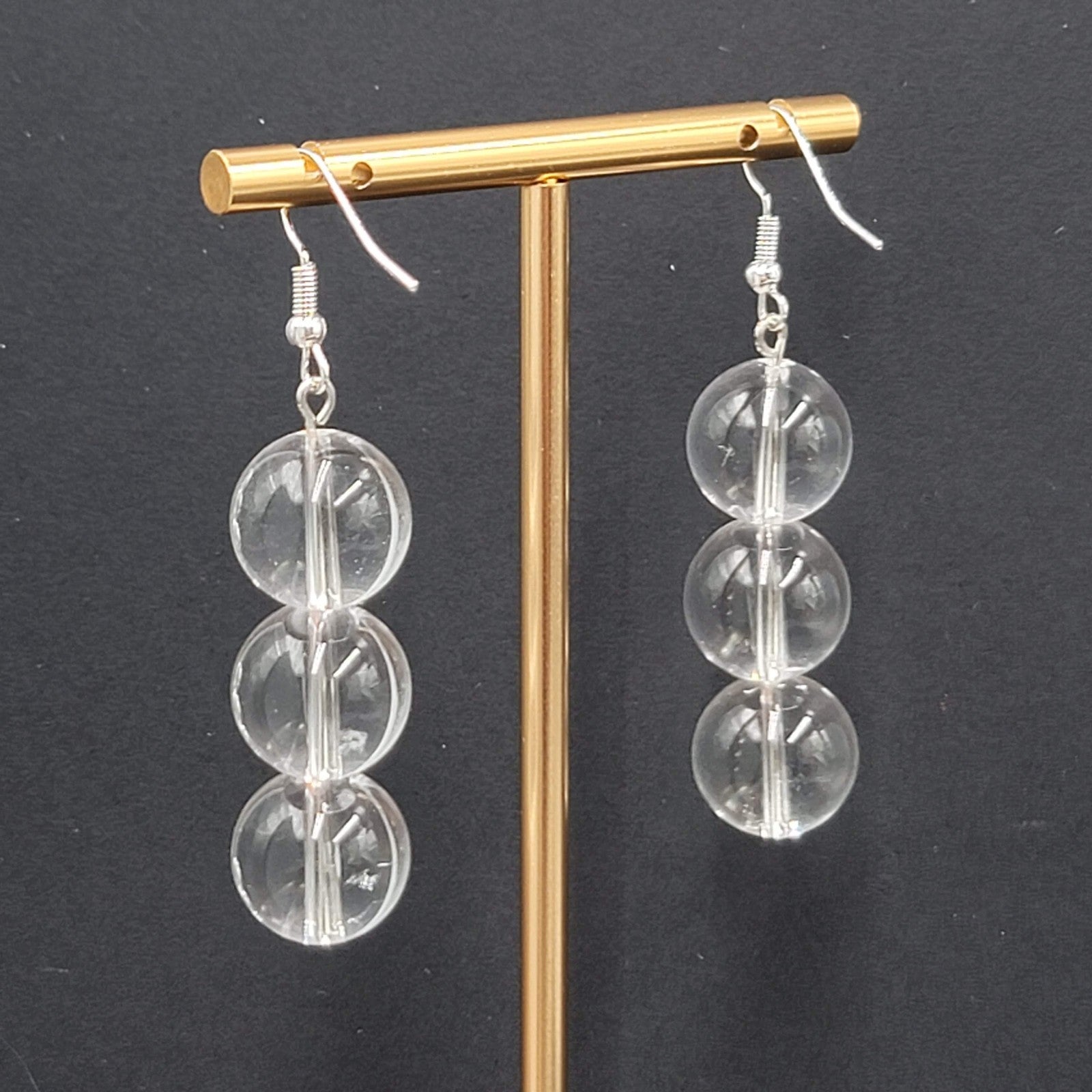 Sphere Glass Bead Dangle Pierced Earrings Silver tone 1.75"