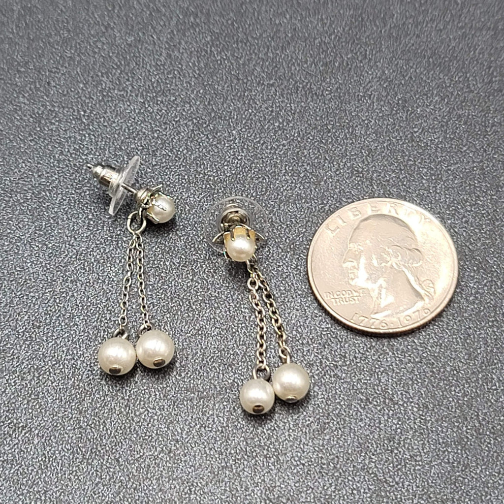 Vintage Pierced Earrings Silver tone White Bead Dangle Chains 1 3/8"