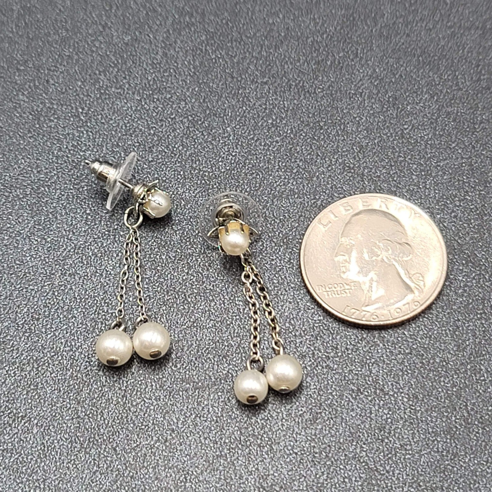 Vintage Pierced Earrings Silver tone White Bead Dangle Chains 1 3/8"